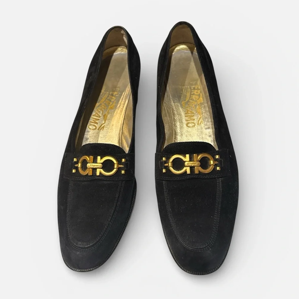 Salvatore Ferragamo Gancini Black suede Loafers‎ Flats Gold  bit logo 9 1/2 AAAA